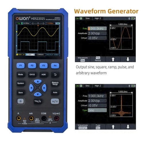 OWON HDS2202S 3 in 1 Handheld Digital Oscilloscope Multimeter Waveform Generator 200MHz 1GSa/s Dual Channels Oscilloscope True RMS 20000 Counts Multi Tester 3.5-inch Color LCD Rechargeable Type-C Interface 