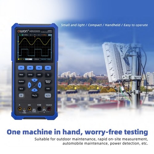 OWON HDS2202S 3 in 1 Handheld Digital Oscilloscope Multimeter Waveform Generator 200MHz 1GSa/s Dual Channels Oscilloscope True RMS 20000 Counts Multi Tester 3.5-inch Color LCD Rechargeable Type-C Interface 