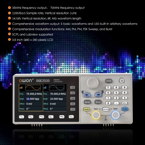 Owon DGE2035 Digital Storage Oscilloscope Dual Channel Arbitrary Waveform Generator 3.6-inch LCD Display 2CH 35MHz 125MS/s 