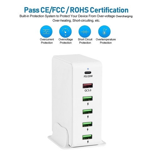 65W 6 Ports USB C Charging Station Multiports Hub Portable PD3.0 & QC3.0 Fast USB C Wall Charger for Smartphone Tablet and More 