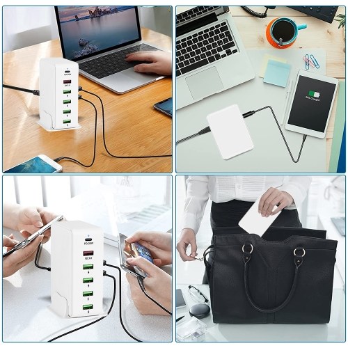65W 6 Ports USB C Charging Station Multiports Hub Portable PD3.0 & QC3.0 Fast USB C Wall Charger for Smartphone Tablet and More 