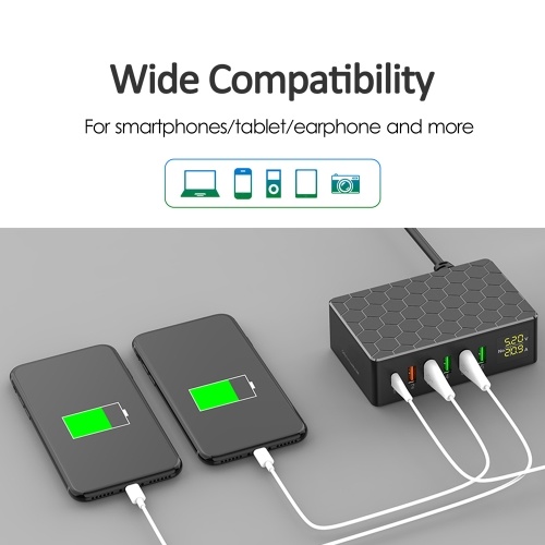 

USB Charging Station 6-Port 65W QC3.0 USB Charger Station Multi Ports USB-A Charging Hub with LED Display Compact Desktop Charger for Multiple Devices