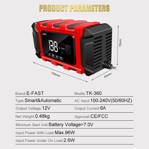 E-FAST Car Battery Chargers 12V/6A Full Automatic Battery Chargers Maintainer Portable Trickle Chargers Battery Desulfator for Car Motorcycle Leadacid Battery 