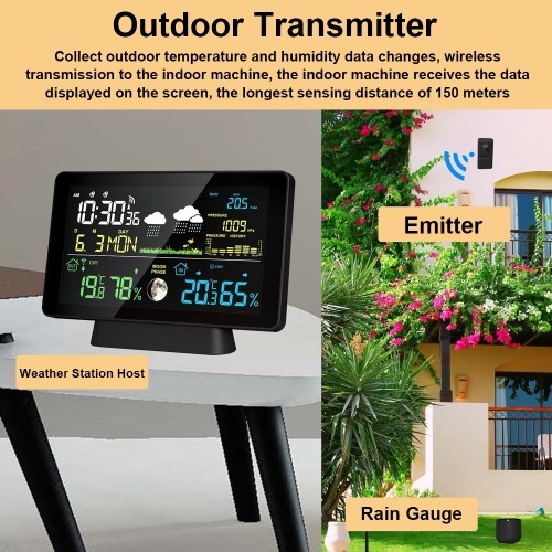 Multi-function Professional Electronic Weather Station Intelligent Color Screen Clock Temperature Humidity Rainfall Barometric Pressure Moon Phase Weather Forecast Display Alarm Clock 