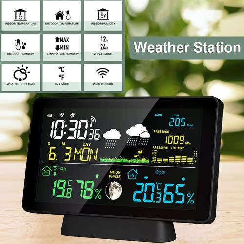 Multi-function Professional Electronic Weather Station Intelligent Color Screen Clock Temperature Humidity Rainfall Barometric Pressure Moon Phase Weather Forecast Display Alarm Clock 