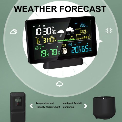Multi-function Professional Electronic Weather Station Intelligent Color Screen Clock Temperature Humidity Rainfall Barometric Pressure Moon Phase Weather Forecast Display Alarm Clock 