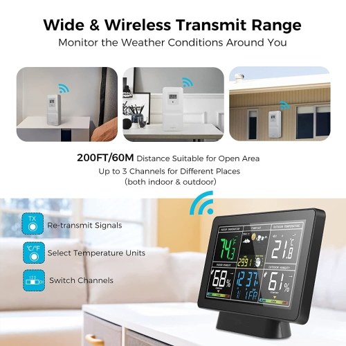 Color Screen Smart Weather Station, Temperature and Humidity Meter Weather Clock with Moon Phase Display, Atmospheric Pressure Display, Radio Time Automatic Calibration Function (WWVB DCF MSF, with DST Function)