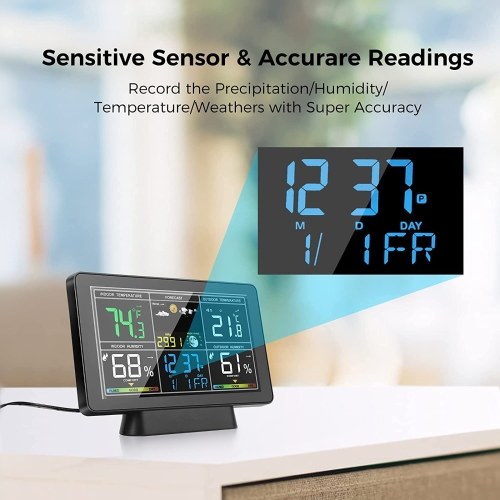 Color Screen Smart Weather Station, Temperature and Humidity Meter Weather Clock with Moon Phase Display, Atmospheric Pressure Display, Radio Time Automatic Calibration Function (WWVB DCF MSF, with DST Function)