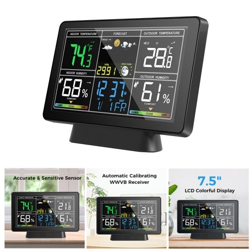 Color Screen Smart Weather Station, Temperature and Humidity Meter Weather Clock with Moon Phase Display, Atmospheric Pressure Display, Radio Time Automatic Calibration Function (WWVB DCF MSF, with DST Function)