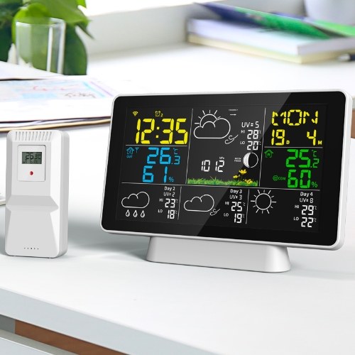 WiFi Color Screen Smart Weather Station Temperature and Humidity Meter Weather Clock With Four Days Weather Forecast On The Same Screen, Moon Phase Display, Atmospheric Pressure Display, Peak Reminder Function, WIFI Time Automatic Calibration Function 