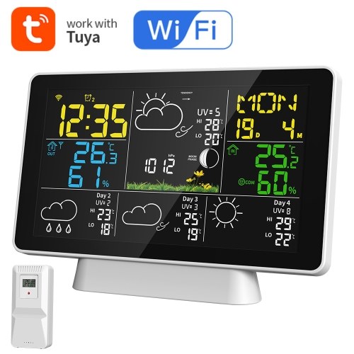 WiFi Color Screen Smart Weather Station Temperature and Humidity Meter Weather Clock With Four Days Weather Forecast On The Same Screen, Moon Phase Display, Atmospheric Pressure Display, Peak Reminder Function, WIFI Time Automatic Calibration Function 