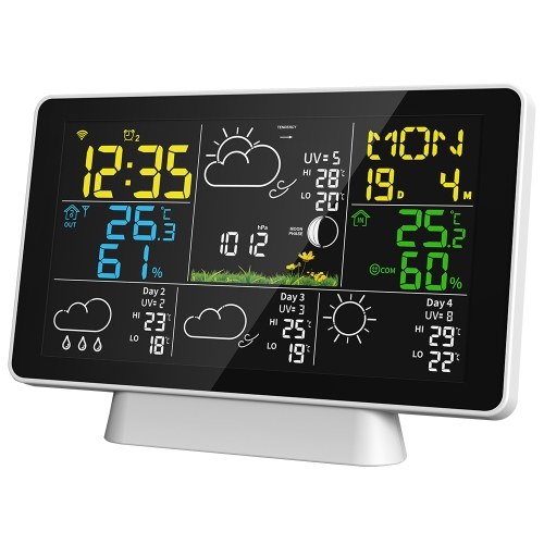 WiFi Color Screen Smart Weather Station Temperature and Humidity Meter Weather Clock With Four Days Weather Forecast On The Same Screen, Moon Phase Display, Atmospheric Pressure Display, Peak Reminder Function, WIFI Time Automatic Calibration Function 