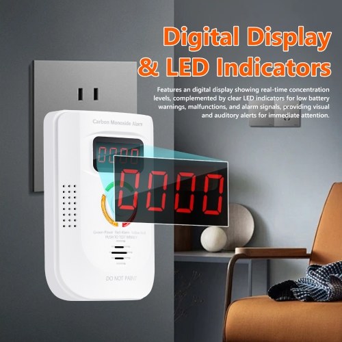 Carbon Monoxide Detector Electrochemical Sensor Carbonic Oxide Detector Digital Display Sound and Light Alarm LED Indicator Light Functions 