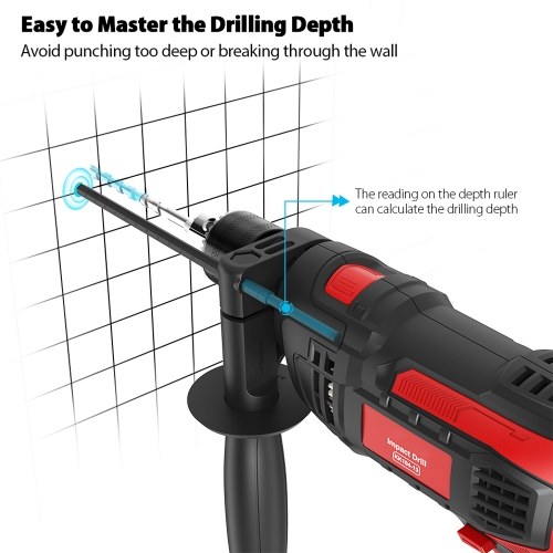 

Meterk 1/2" Impact Drill 13mm Electric Hammer Drill 3000rpm Variable Speed 360° Reversible Handle Speed Setting Knob for Drilling Steel Masonry Concrete Wood