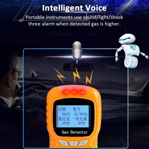 4 in 1 Gas Detector CO Monitor Digital Handheld Toxic Gas Carbon Monoxide Detector Hydrogen Sulfide Gas Tester with LCD Display Sound+ Light Vibration Alarm 