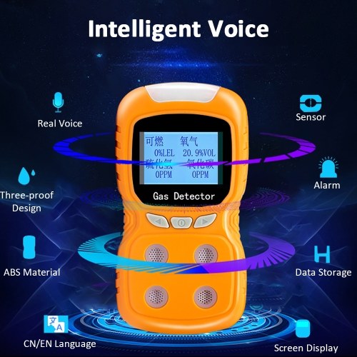 4 in 1 Gas Detector CO Monitor Digital Handheld Toxic Gas Carbon Monoxide Detector Hydrogen Sulfide Gas Tester with LCD Display Sound+ Light Vibration Alarm 