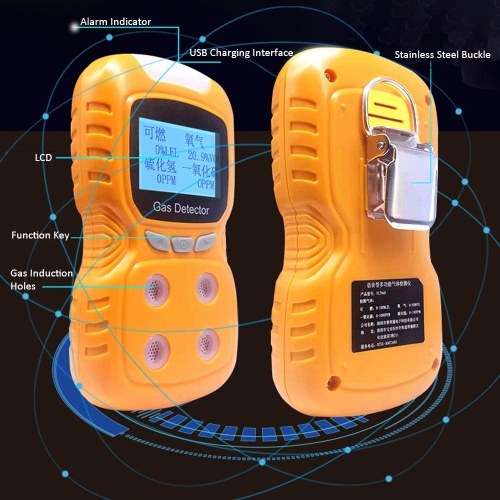 4 in 1 Gas Detector CO Monitor Digital Handheld Toxic Gas Carbon Monoxide Detector Hydrogen Sulfide Gas Tester with LCD Display Sound+ Light Vibration Alarm 