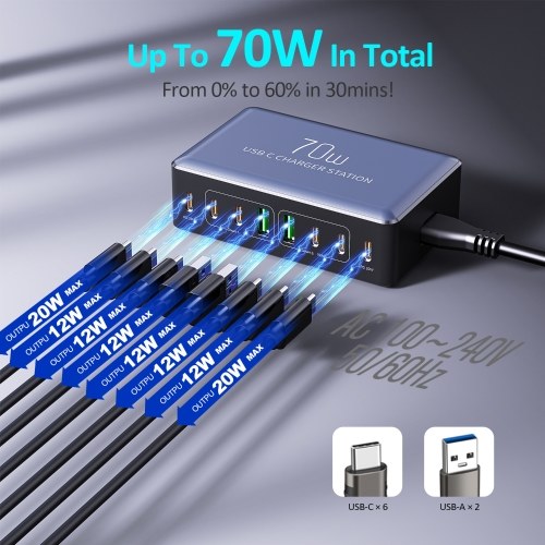 70W 8 Ports USB Type-C Charger Quick Charge Desktop Charging Station For Smart Phone Headphone Watch PD20W Fast Charger Hub 