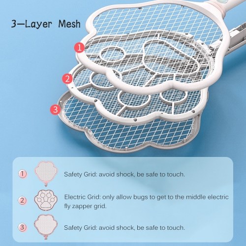 

Electric Fly Swatter 2 in 1 Rechargeable Mosquito Racket Insect Bug Zapper Fly Killer Cat-paw Shape 3 Layer Electric Grid 3800 Volts for Indoor and Outdoor Pest Control