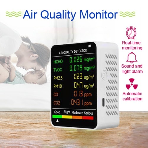 

6 In 1 PM2.5 PM10 HCHO TVOC CO CO2 Multifunctional Air Quality Detector CO Carbon Dioxide Formaldehyde Monitor LCD Large Screen Display Portable Home Office Hotel Desktop Air Quality Tester