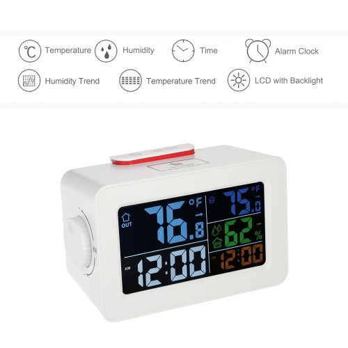 

LCD ℃/℉ Digital Indoor/Outdoor Thermometer Hygrometer Clock Temperature Humidity Meter Alarm Clock Snooze Backlight Color Screen Display With Transmitter
