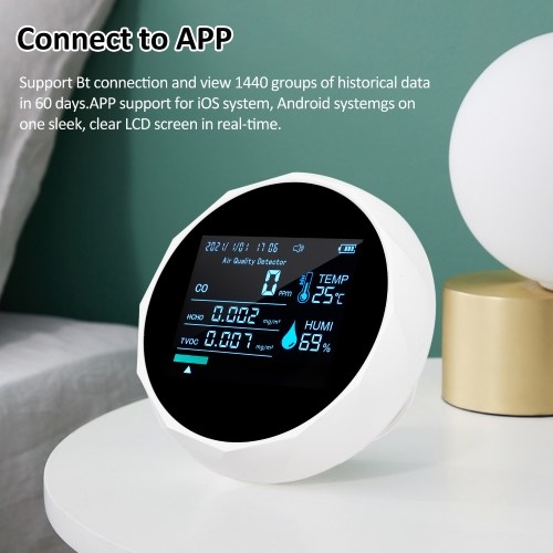 2CO16TB 6 In 1 Multifunctional Air Quality Monitor, Portable Formaldehyde Detector Professional Air Quality Tester CO, TVOC, HCHO, Humidity & Temperature Analyzer 