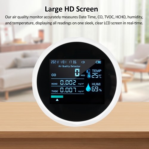 2CO16TB 6 In 1 Multifunctional Air Quality Monitor, Portable Formaldehyde Detector Professional Air Quality Tester CO, TVOC, HCHO, Humidity & Temperature Analyzer 