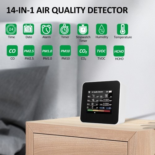 14-in-1 Indoor Air Quality Monitor Tuya WiFi Air Quality Detector Detects CO₂ CO TVOC HCHO Temperature and Humidity PM2.5 PM1.0 PM10 2.8inch TFT Color Display Support Cellphone APP Control with Time Date Alarm Timer and Stopwatch Timer Function 