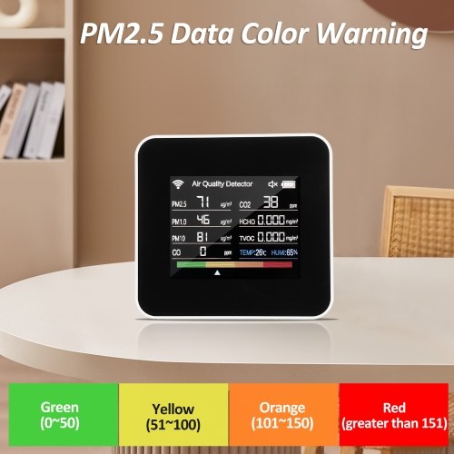 14-in-1 Indoor Air Quality Monitor Tuya WiFi Air Quality Detector Detects CO₂ CO TVOC HCHO Temperature and Humidity PM2.5 PM1.0 PM10 2.8inch TFT Color Display Support Cellphone APP Control with Time Date Alarm Timer and Stopwatch Timer Function 