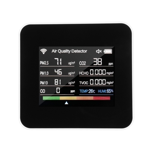 14-in-1 Indoor Air Quality Monitor Tuya WiFi Air Quality Detector Detects CO₂ CO TVOC HCHO Temperature and Humidity PM2.5 PM1.0 PM10 2.8inch TFT Color Display Support Cellphone APP Control with Time Date Alarm Timer and Stopwatch Timer Function 