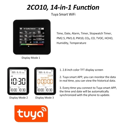 14-in-1 Indoor Air Quality Monitor Tuya WiFi Air Quality Detector Detects CO₂ CO TVOC HCHO Temperature and Humidity PM2.5 PM1.0 PM10 2.8inch TFT Color Display Support Cellphone APP Control with Time Date Alarm Timer and Stopwatch Timer Function 