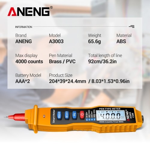 ANENG Digital Pen Multimeter NCV AC/DC Voltmeter Ohmmeter Resistance Capacitance Frequanecy Live Line Test Handheld 4000 Counts LCD Backlight Tester with Data Hold and Flashlight 