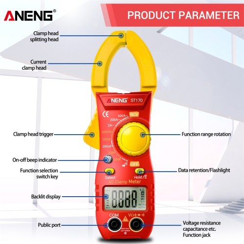 ANENG ST170 Smart Clamp Meter 1999 Counts Auto-ranging Digital Multimeter LCD Screen AC DC Voltage AC Current Tester LED Flashlight NCV Induction Voltage Meter Resistance Capacitance Diode Testing 