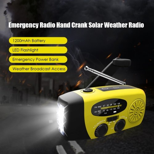 

Emergency Radio Hand Crank Solar Weather Radio 1200mAh AM / FM / NOAA Emergency Weather Radio Portable Power Bank with Solar Charging & Hand Crank & Battery Operated LED Flashlight Cell Charger Reading Lamp for Camping Hiking Outdoor Activity
