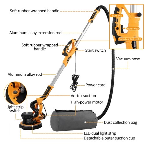 

Drywall Sander, 1390W Electric Sander with 20 Pcs Sanding Discs, 5 Variable Speed 800-1800 RPM Wall Sander with Extendable Handle, LED Light