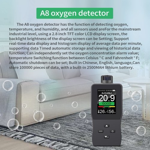 Handheld Digital Oxygen Detector Air Oxygen Concentration Alarm Value USB Rechargeable Portable O₂ Content Tester 2.8-inch TFT Full Color LCD Screen Oxygen Meter with Temperature and Humidity for Car Home Office School Hospital 
