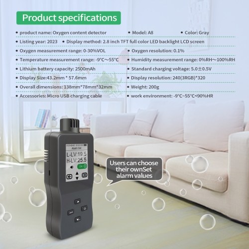 Handheld Digital Oxygen Detector Air Oxygen Concentration Alarm Value USB Rechargeable Portable O₂ Content Tester 2.8-inch TFT Full Color LCD Screen Oxygen Meter with Temperature and Humidity for Car Home Office School Hospital 