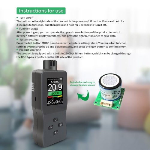 Handheld Digital Oxygen Detector Air Oxygen Concentration Alarm Value USB Rechargeable Portable O₂ Content Tester 2.8-inch TFT Full Color LCD Screen Oxygen Meter with Temperature and Humidity for Car Home Office School Hospital 