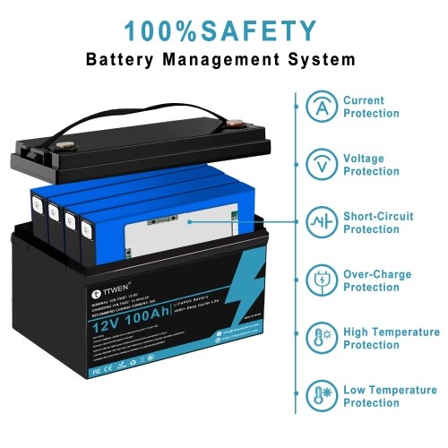 TTWEN 12V 100Ah LiFePO4 Lithium Battery Pack Backup Power Supply, 1280Wh Energy, 4000+ Deep Cycle Support Series/Parallel Connection for Replacement of Most Backup Power Supplies, RV, Boat, Trolling Motor (Without Display Screen)