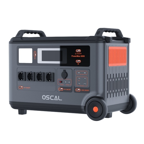 Oscal PowerMax 6000 6000 W robustes Kraftwerk 3600 Wh bis 57600 Wh LiFePO4-Akku 14 Steckdosen 120 V/240 V Doppelspannungsausgang 3500+ Lebensdauer Intelligente APP-Steuerung 5 LED-Lichtmodi Morsecode-Signal Spritzwasser- und staubgeschütztes Kraftwerk