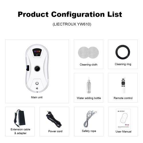 Liectroux YW610 Robot Window Vacuum Cleaner, Single Water Spray, 2800Pa Suction, 30ml Water Tank, Border Detection, Remote Control, 20min Power Failure Protection 