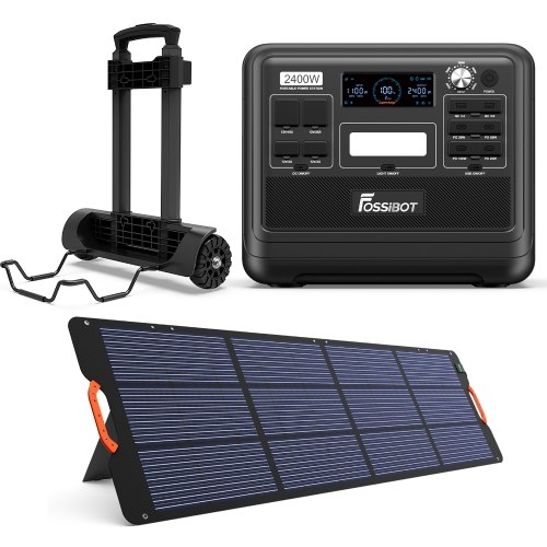 Fossibot F2400 Portable Power Station with SP200 Solar Panel + Portable Cart 2048Wh/51.2V Safe LiFePO4 Solar Generator Power 1100W Max Input Power