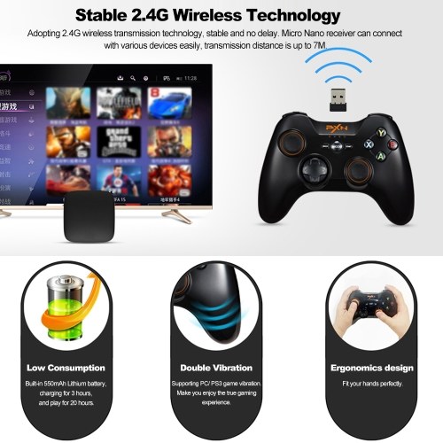 

PXN-9603 2.4G Wireless Gamepad Dual Vibration Joystick Gaming Controller for PS3 Game Console PC Andriod Supporting X-in/ D-input