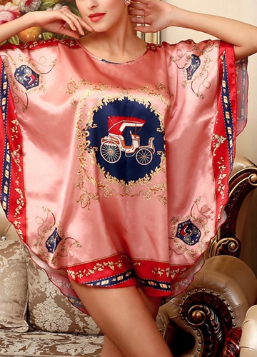 

Women Print Batwing Sleeve Nightgown Round Neck Silk Satin