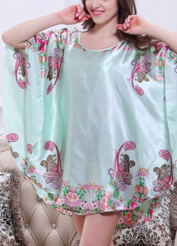 

Women Print Batwing Sleeve Nightgown Round Neck Silk Satin