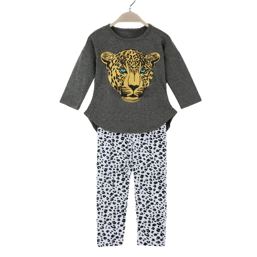 Nueva moda de las niñas ropa conjuntos camiseta Leggings leopardo cabeza impresión redondo cuello manga larga traje lindo