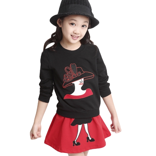 Chicas lindas carácter Set dos piezas mosaico manga larga sudadera elástico de la cintura falda Mini trajes rojo/negro