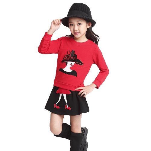 

Cute Character Patchwork Long Sleeve Sweatshirt Mini Skirt Girls Twinset
