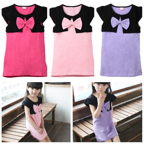 

New Cute Girls Dress Bow Splicing Round Neck Short Sleeves Sweet Mini One-Piece