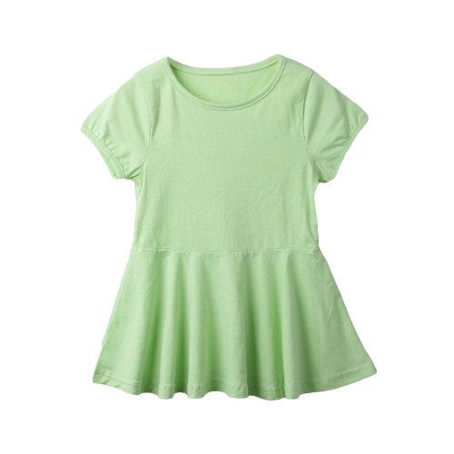 

New Cute Girls Mini Dress Solid Color Flared Shape Round Neck Short Sleeve Casual One-Piece